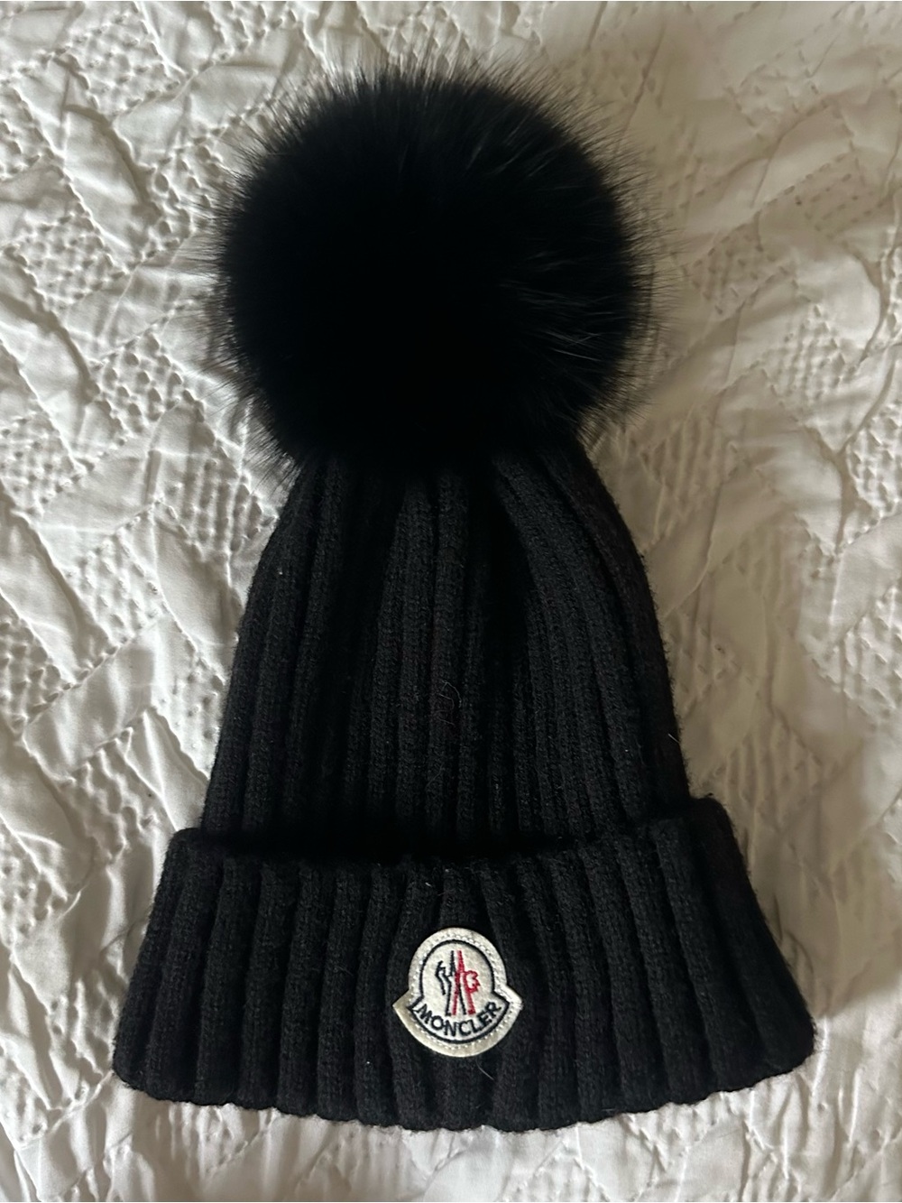 Moncler Black Wool Beanie with Pom Pom